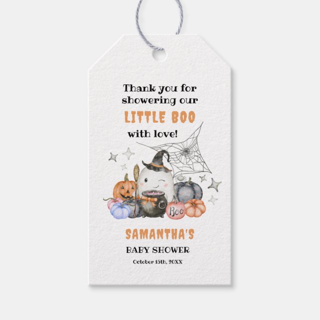 Étiquettes-cadeau Baby shower Halloween Petit Boo Citrouille Merci (Devant)