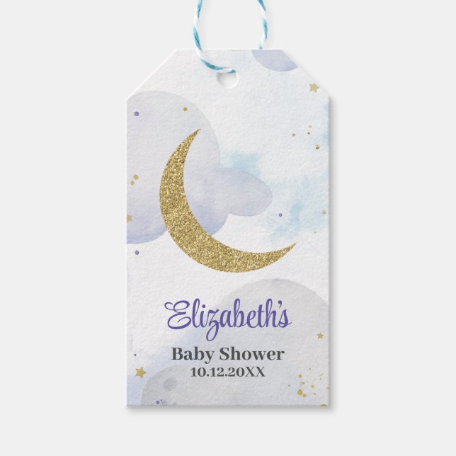Étiquettes-cadeau Baby shower Lune Parties scintillant d'or (Devant)