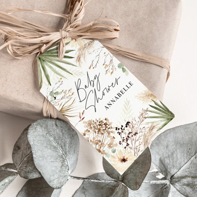 Étiquettes-cadeau Baby shower merci moderne pampas herbe feuillage (Créateur téléchargé)