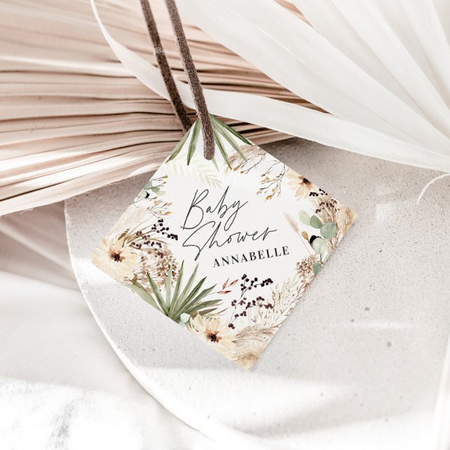 Étiquettes Cadeau Baby shower merci moderne pampas herbe feuillage (Créateur téléchargé)