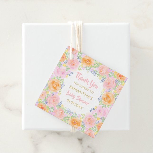 Étiquettes Cadeau Baby shower Merci rose Roses Aquarelle (En situation)