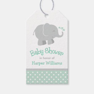 Étiquettes-cadeau Baby shower moderne à la menthe et à l'éléphant gr