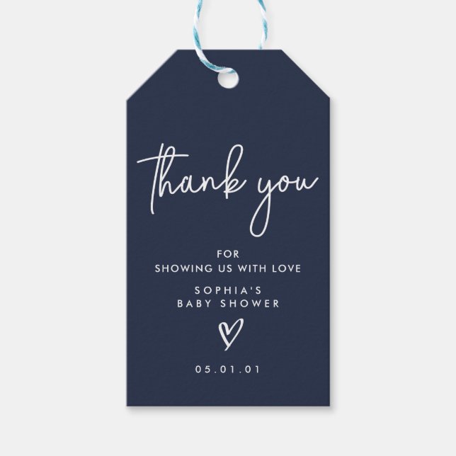 Étiquettes-cadeau Baby shower moderne de saumoneaux bleu marine (Devant)