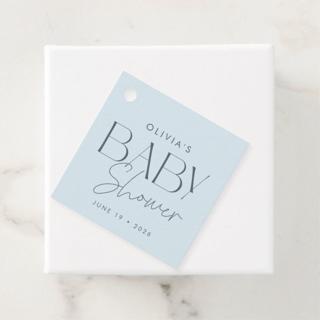 Étiquettes Cadeau Baby shower moderne élégant bleu Script cadeau (En situation)