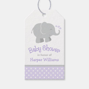 Étiquettes-cadeau Baby shower moderne violet gris éléphant fille