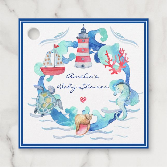 Étiquettes Cadeau Baby shower Nautique Neutre Sexe Aquarelle (Devant)