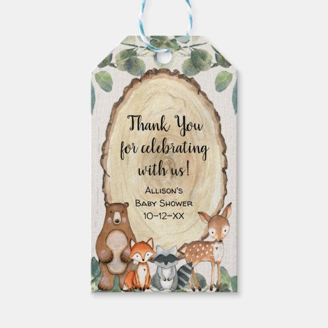 Étiquettes-cadeau Baby shower neutre pour les animaux des bois (Devant)