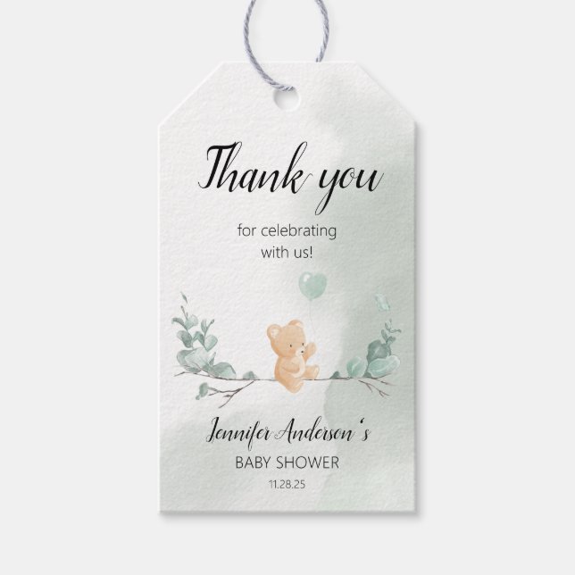 Étiquettes-cadeau Baby shower Ours Eucalyptus (Devant)