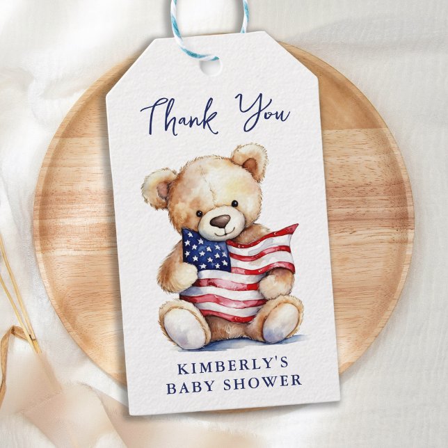Étiquettes-cadeau Baby shower Patriotique Teddy Bear rouge blanc (Créateur téléchargé)