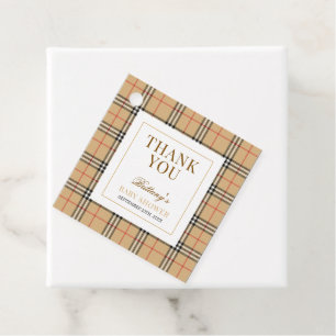 Étiquettes Cadeau Baby shower Plaid Chèque Beige