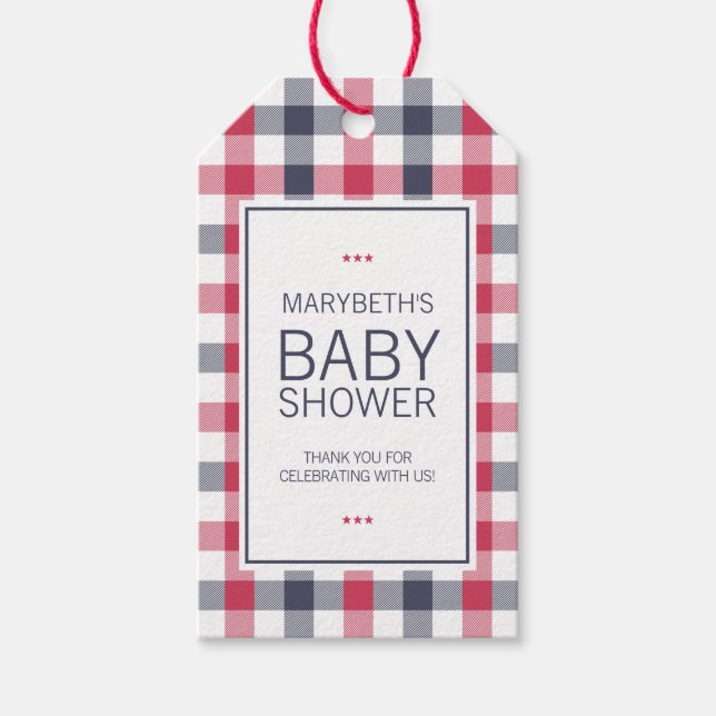 Étiquettes-cadeau Baby shower préppy rouge, blanc et bleu plaqué (Devant)