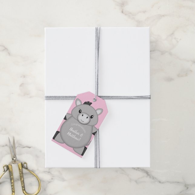 Étiquettes-cadeau Baby shower rose âne (Avec de la ficelle)