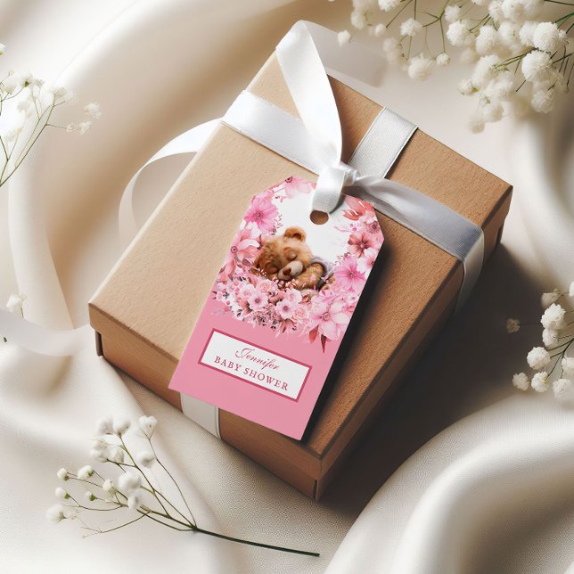 Étiquettes-cadeau Baby shower Rose Délicat Teddy Bear (Créateur téléchargé)