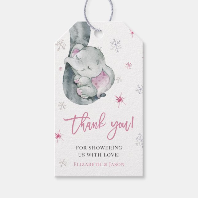 Étiquettes-cadeau Baby shower rose éléphant d'hiver fille Merci (Devant)