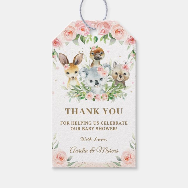 Étiquettes-cadeau Baby shower rose Floral Animaux australiens (Devant)