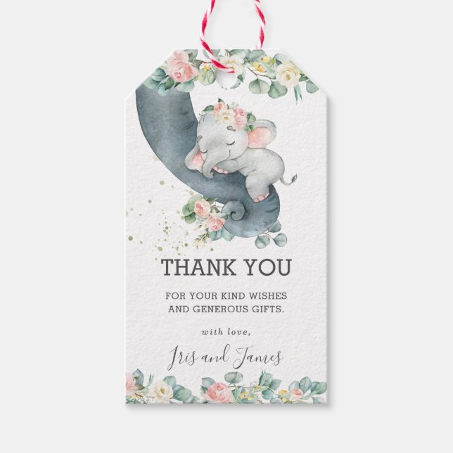 Étiquettes-cadeau Baby shower rose floral feuillu éléphant fille Fav (Devant)
