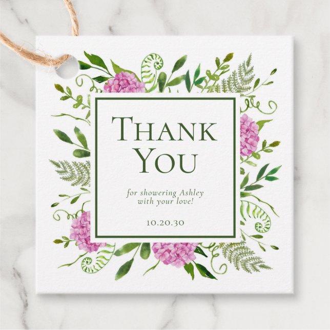 Étiquettes Cadeau Baby shower rose Hydrangeas fille Merci (Devant)