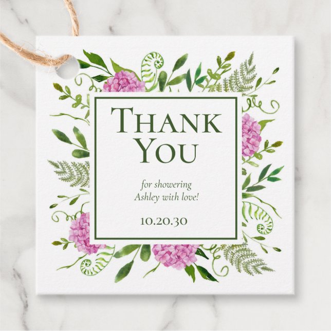 Étiquettes Cadeau Baby shower rose Hydrangeas fille Merci (Devant)