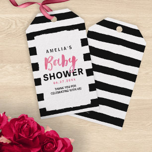 Étiquettes-cadeau Baby shower rose noir et blanc chic