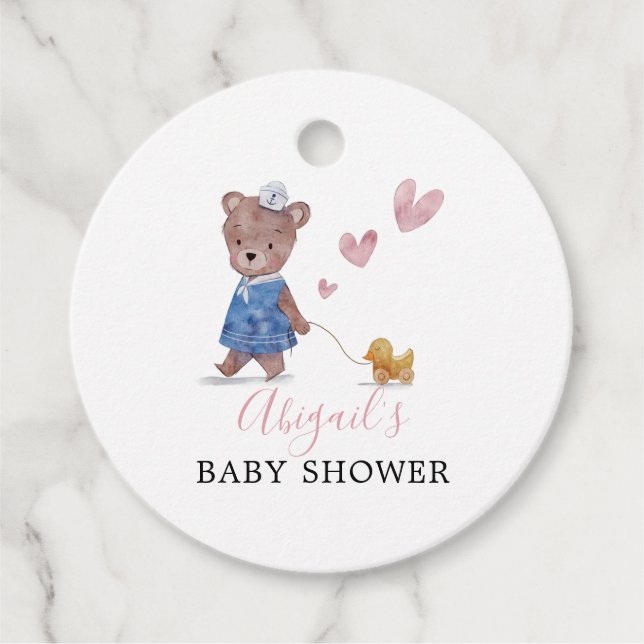 Étiquettes Cadeau Baby shower rose ours en peluche (Devant)