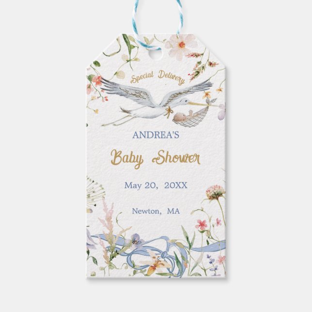 Étiquettes-cadeau Baby-Shower Ruban Fleur Sauvage Cigogne  (Devant)