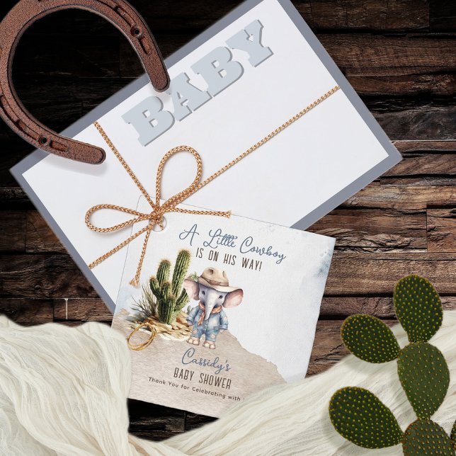 Étiquettes Cadeau Baby shower rustique Western Elephant Cowboy Boy (Rustic Western Elephant Cowboy Boy Baby Shower Favor Tags)