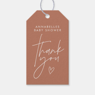 Étiquettes-cadeau Baby shower script moderne terre cuite élégante