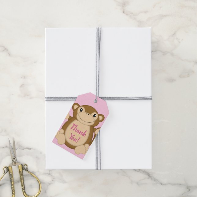 Étiquettes-cadeau Baby shower singe rose (Avec de la ficelle)
