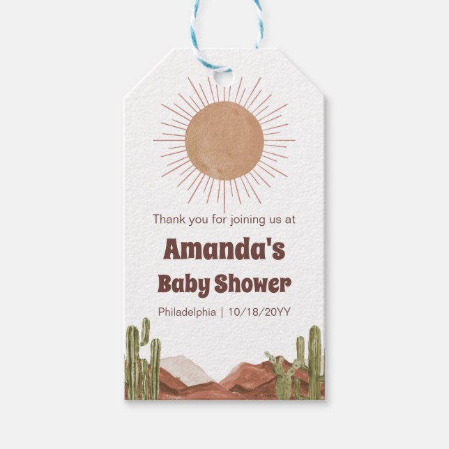 Étiquettes-cadeau Baby shower Soleil et désert (Devant)