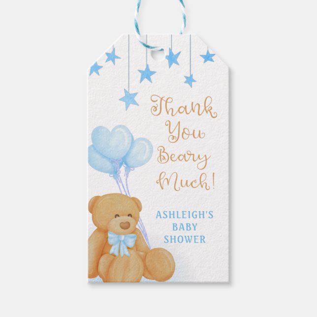 Étiquettes-cadeau Baby shower Teddy Bear Ballons Bleus Étoiles (Devant)