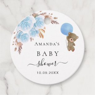 Étiquettes Cadeau Baby shower teddy bleu pampas herbe merci