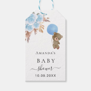 Étiquettes-cadeau Baby shower teddy bleu pampas herbe merci