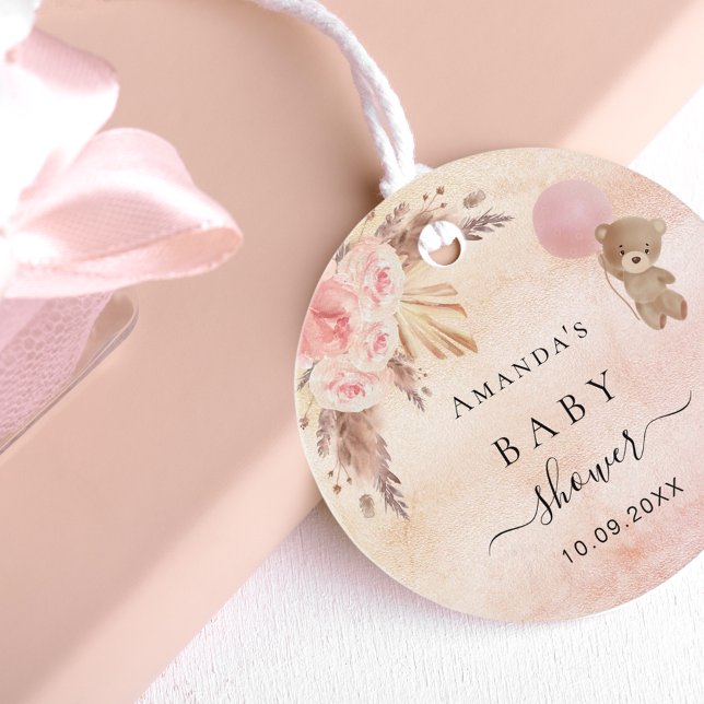 Étiquettes Cadeau Baby shower teddy blush pampas herbe merci (Créateur téléchargé)