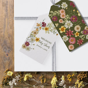 Étiquettes-cadeau Baby shower vert fleur sauvage rustique