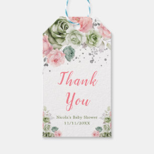 Étiquettes-cadeau Baby shower vert Sage et Merci rose
