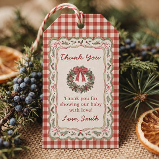 Étiquettes-cadeau Baby shower vintage Noël Gingham rouge