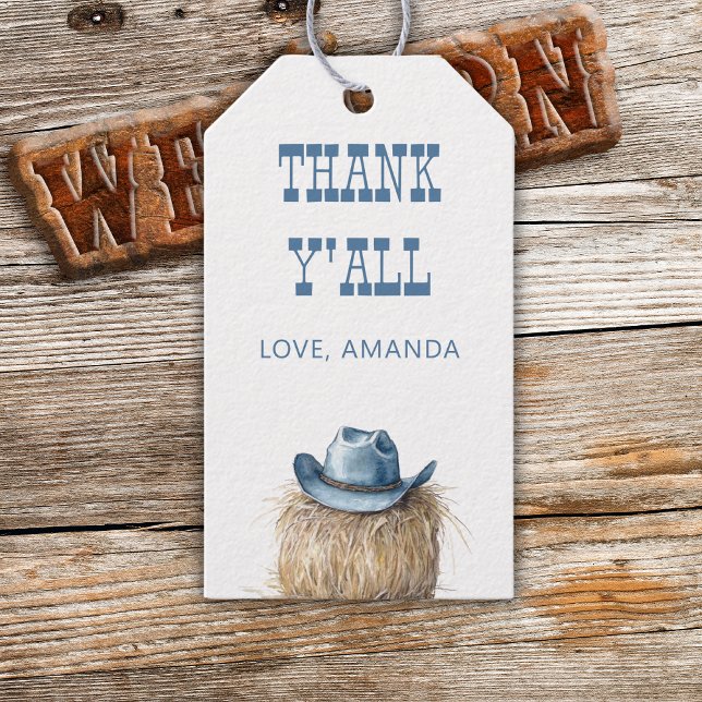 Étiquettes-cadeau Baby shower Western Blue Boy Casquette Cowboy (Créateur téléchargé)