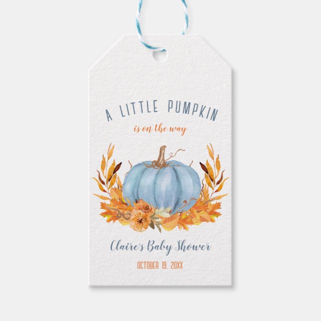 Étiquettes-cadeau Baby showers petit Citrouille bleu garçon (Devant)