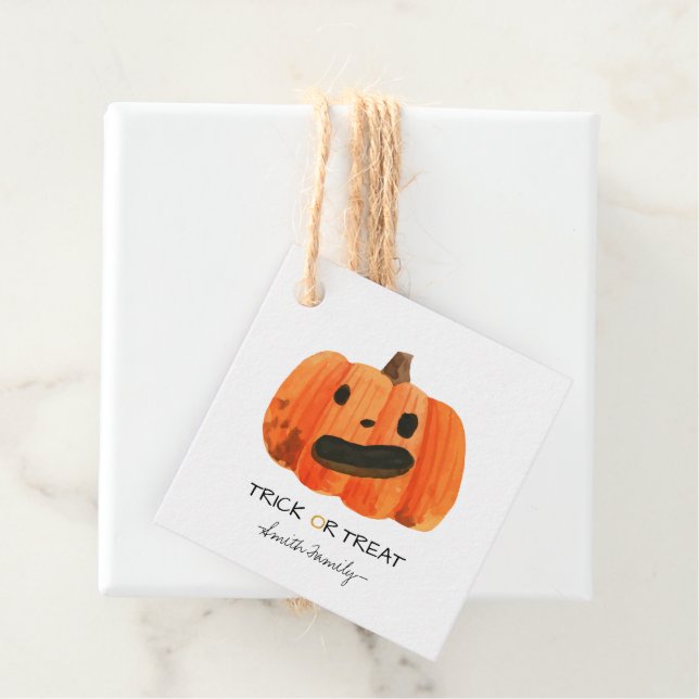 Étiquettes Cadeau Bac d'Halloween ou traiter l'aquarelle Citrouille  (En situation)