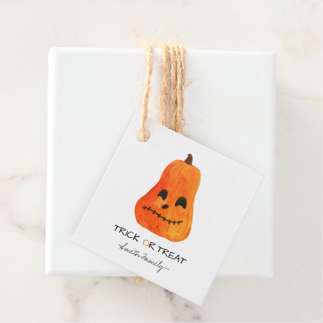 Étiquettes Cadeau Bac d'Halloween ou traiter l'aquarelle Citrouille  (En situation)