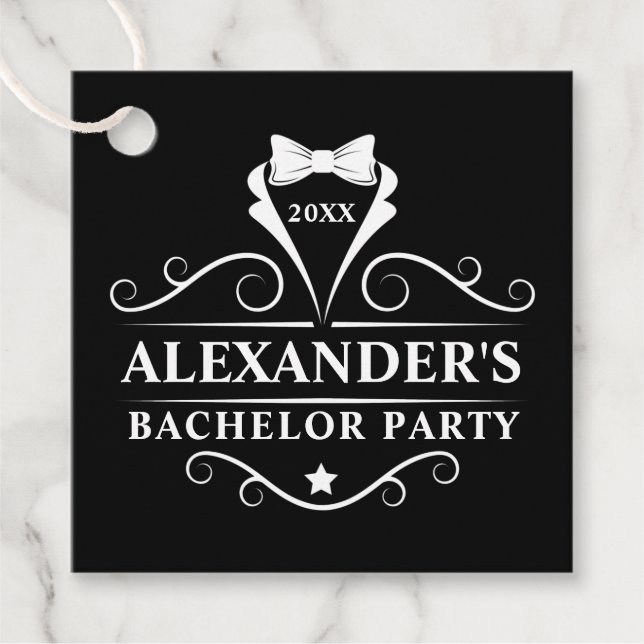 Étiquettes Cadeau Bachelor Party Tuxedo Cravate noir (Devant)