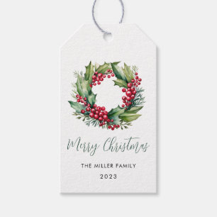 Étiquettes-cadeau Baies d'aquarelle de Noël et couronne de verdure