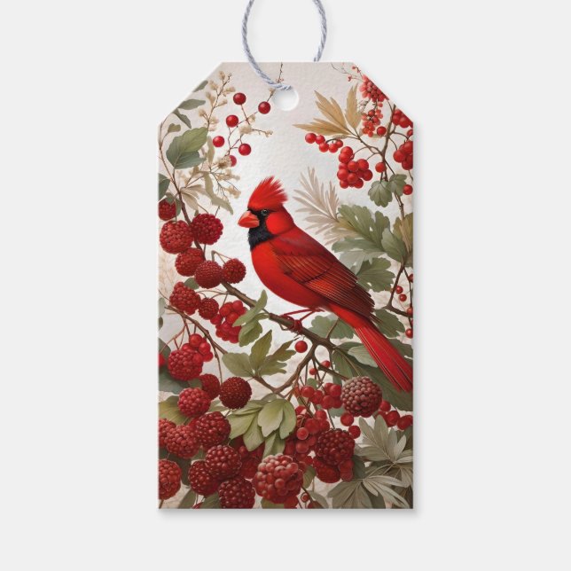 Étiquettes-cadeau Baies rouges d'oiseaux du Cardinal Nord (Devant)