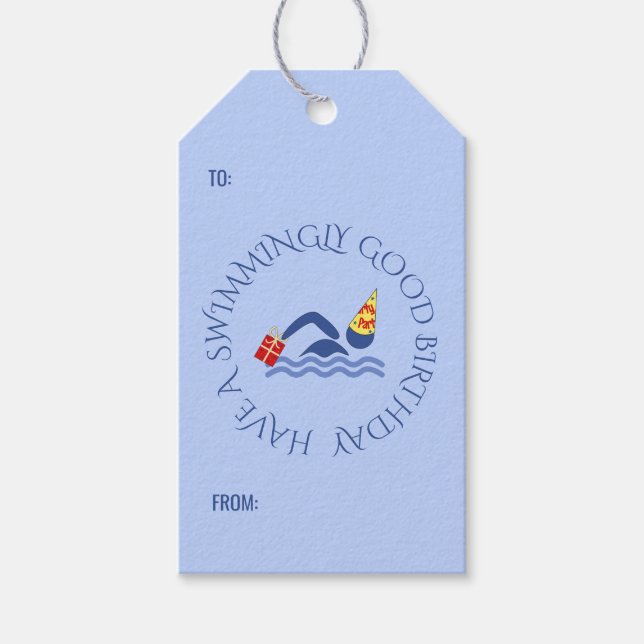 Étiquettes-cadeau Baignade d'anniversaire texte personnalisé bleu (Devant)