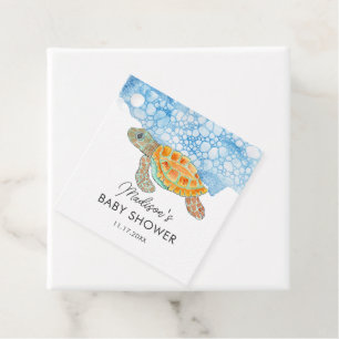 Étiquettes Cadeau Bain de bébé Tortue de mer à l'aquarelle Bleu Baby