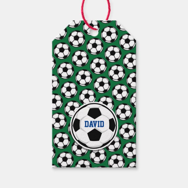 Étiquettes-cadeau Bal de soccer Nom personnalisé Vert Noir Blanc Cad (Devant)