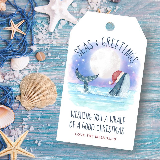 Étiquettes-cadeau Baleines Père Noël Seas et salutations Noël nautiq (Créateur téléchargé)
