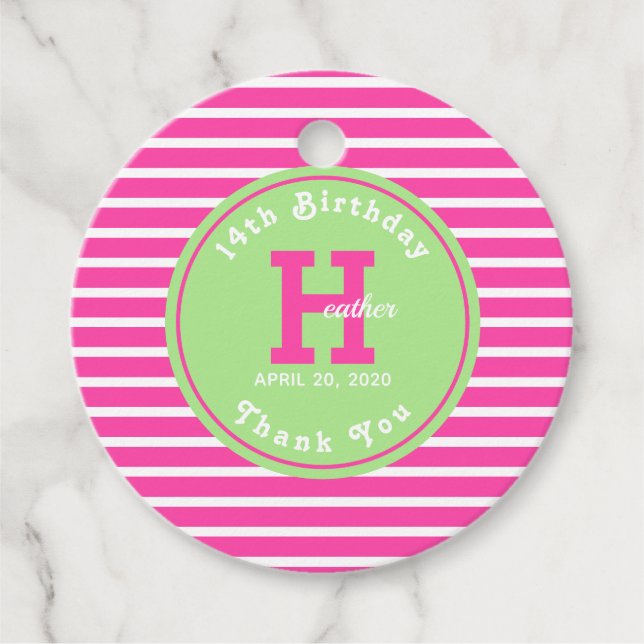 Étiquettes Cadeau Balise Anniversaire Pink ⎮ Blanc Vert Favoriser (Devant)