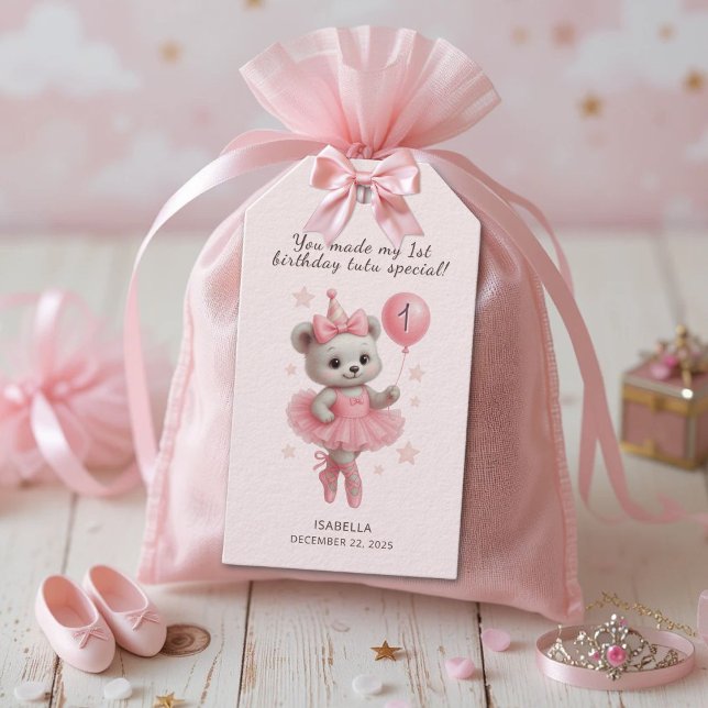 Étiquettes-cadeau Balise Ballerina Bear 1er Merci anniversaire (Créateur téléchargé)