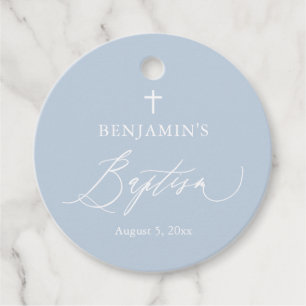 Étiquettes Cadeau Balise Baptême rond bleu Dusty Croix blanche garço